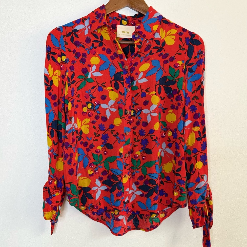 Maeve Anthropologie Blithe Fruit Print Button Down Blouse Red Small